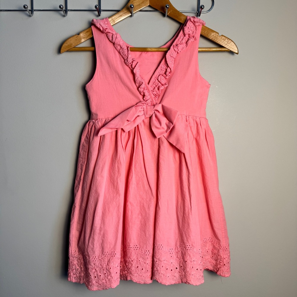 Tahari Kids‎ Pink Cotton Eyelet Bow Dress Size 7 Toddler Summer Spring Wedding